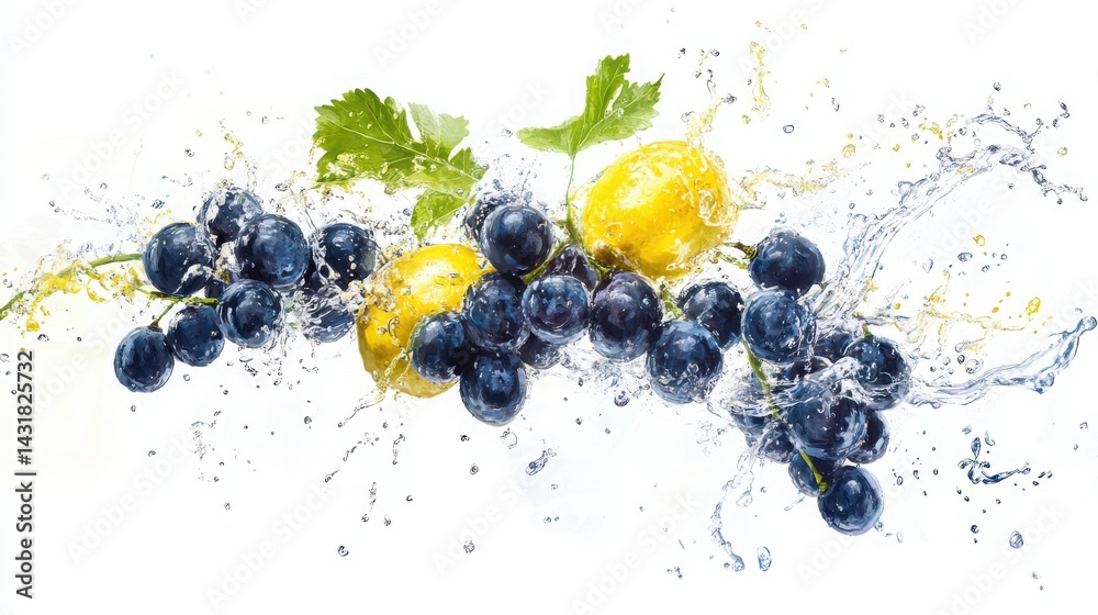 A dynamic burst of grapes and lemon, isolated on white surface.