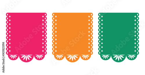 Set of vector Papel Picado templates with space for text. Mexican paper decorations with flowers and geometric shapes. Isolated vector illustration.