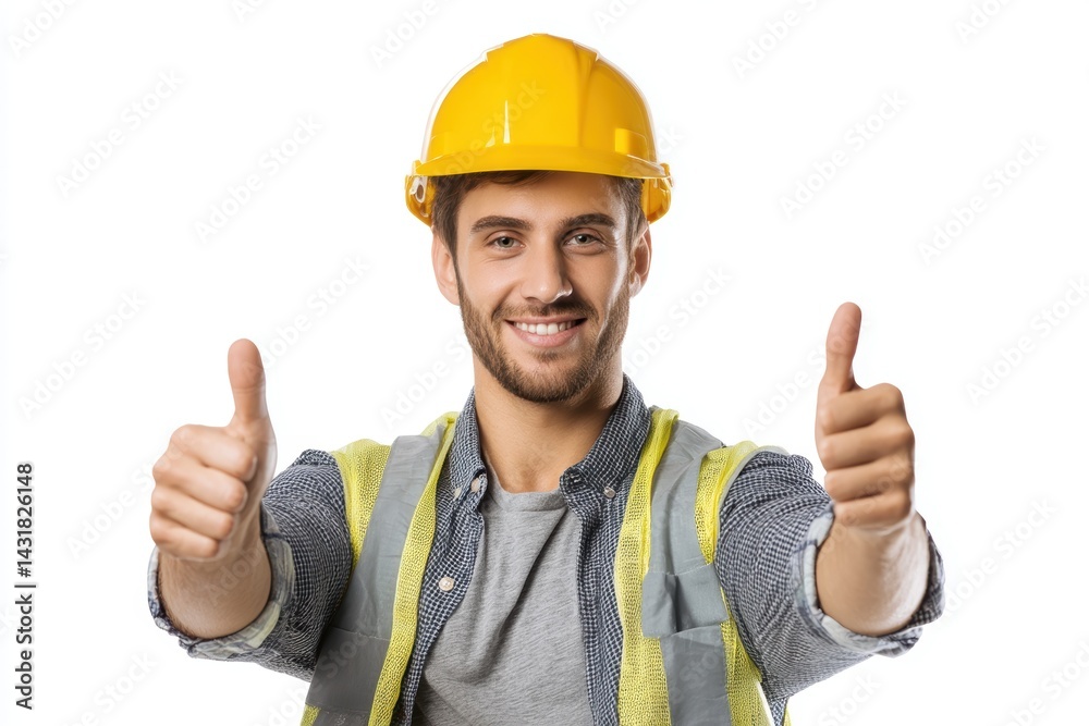Young male builder in safety gear giving thumbs up and smiling on a white background during construction work Young male builder in safety gear giving thumbs up and smiling on a white background during construction work