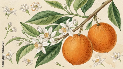 Watercolor Orange Blossom and Fruit Botanical Illustration, Vintage Floral Design, Nature Art, Orange Tree Botanical illustration, Watercolor painting
