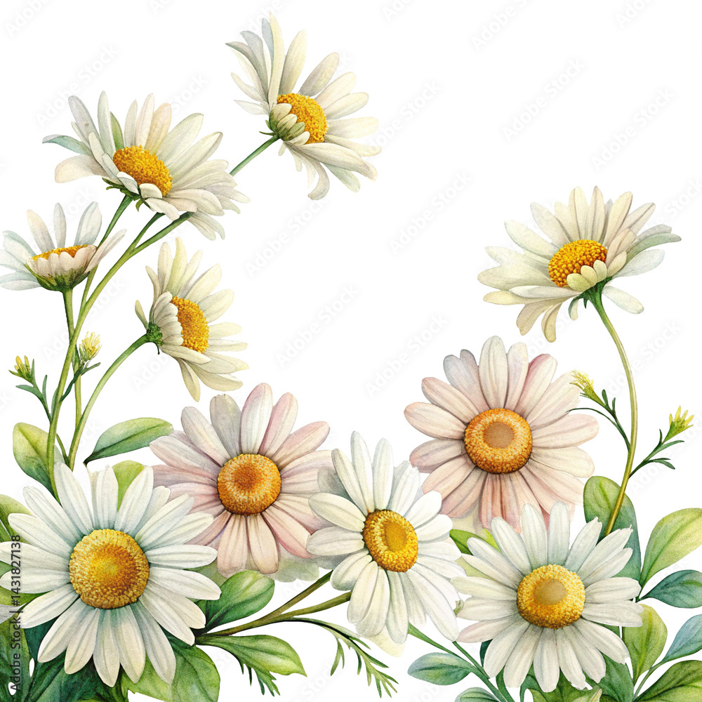 Obraz premium Watercolor illustration of beautiful daisy flowers with leaves on Trensprent Background png