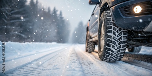 Winter SUV Snow Drive Tire Tread Closeup, Snowy Road, Winter Driving Safety Winter tires, snow driving photo