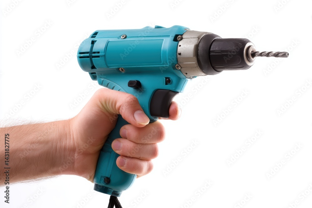 Hand holding a drill ready for use in a DIY project at home during daytime