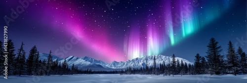 Wallpaper Mural Aurora Borealis Over Snowy Mountains - Stunning aurora borealis display over snow covered mountains and pine forest at night. Magical winter landscape Torontodigital.ca