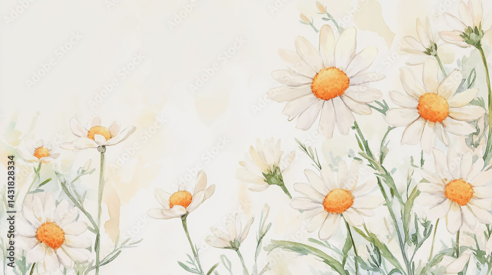Obraz premium Elegant wedding invitation card background . Minimal hand painted watercolor Chamomile flowers texture template background. Design for wedding, vip cover, poster, rsvp moderncard.Valentine's Day