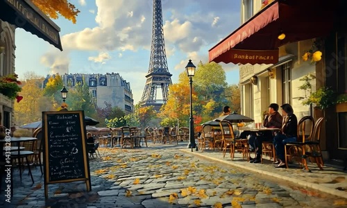 Cozy Parisian caf? scene with autumn leaves, Eiffel Tower in background, people enjoying meals