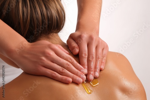 Close-up of a masseuse applying pressure on a relaxation point with oil on skin in a calming environment