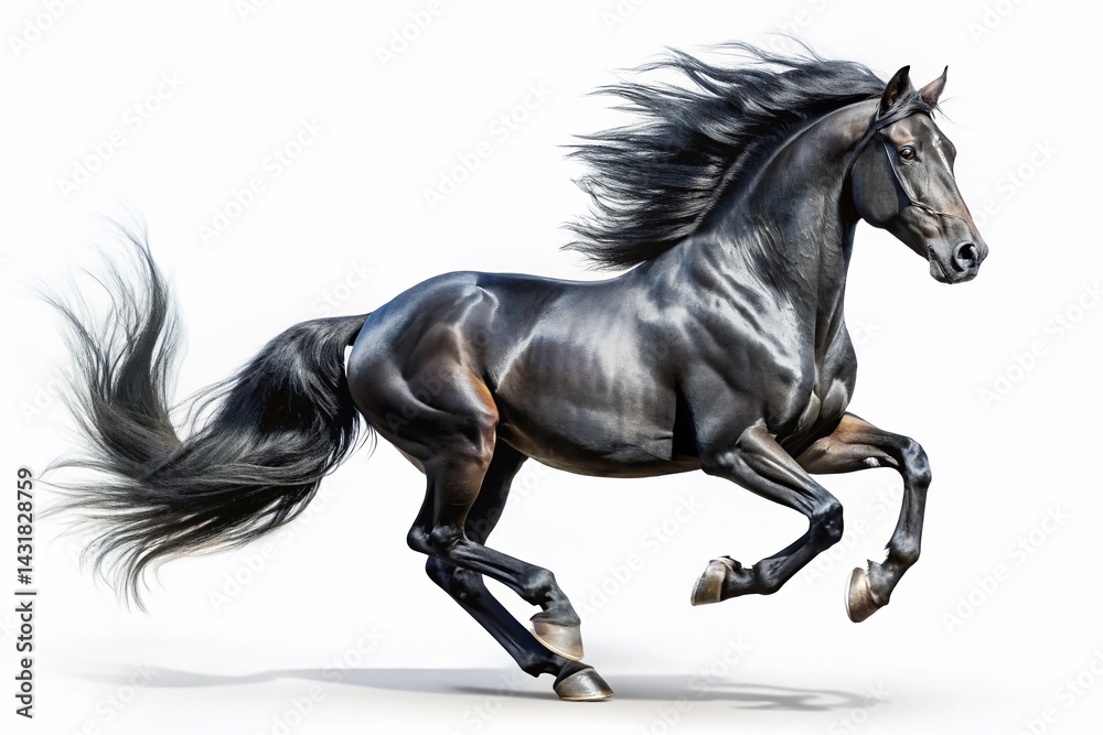 Powerful Black Stallion Running, Isolated White Background Stock Photo Powerful Black Stallion Running, Isolated White Background Stock Photo