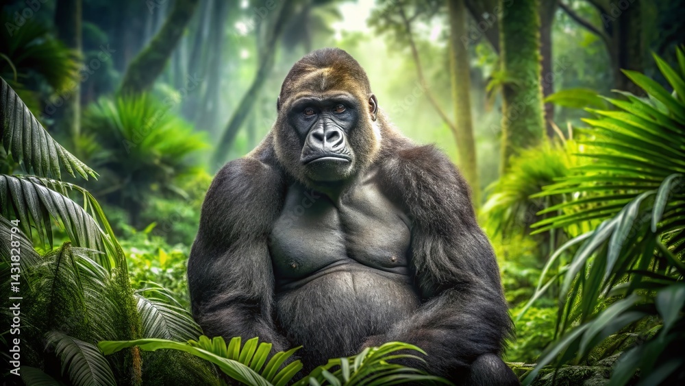 Obraz premium Powerful Gorilla in Lush Jungle - Wildlife Stock Photo