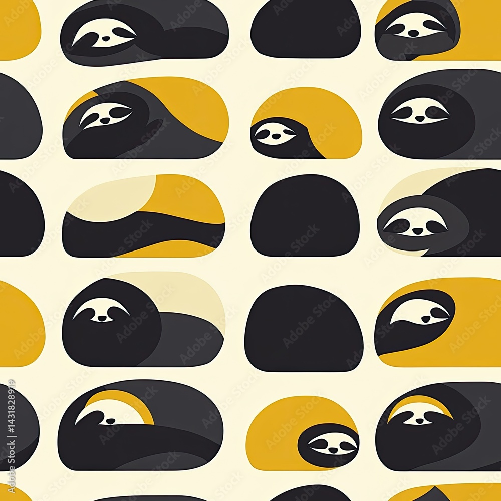 Naklejka premium Adorable Sloths in Abstract Geometric Pattern: A Delightful Mid-Century Modern Design Featuring Sleepy Sloths in Yellow and Black