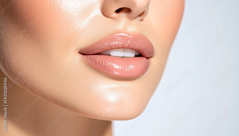 Fototapeta premium Beauty macro photo of full lips with clear gloss on a neutral background