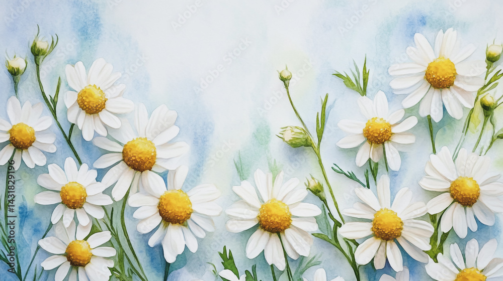 Fototapeta premium Elegant wedding invitation card background . Minimal hand painted watercolor Chamomile flowers texture template background. Design for wedding, vip cover, poster, rsvp moderncard.Valentine's Day