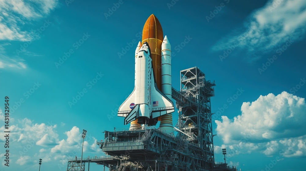 Fototapeta premium A space shuttle on a launch pad against a blue sky, ready for a mission.