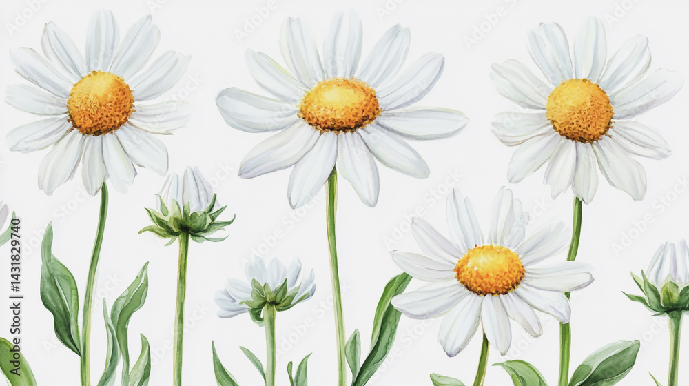 Fototapeta premium Elegant wedding invitation card background . Minimal hand painted watercolor Chamomile flowers texture template background. Design for wedding, vip cover, poster, rsvp moderncard.Valentine's Day