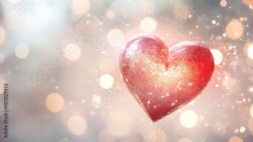 A sparkling red heart against a soft, blurred background with bokeh lights.