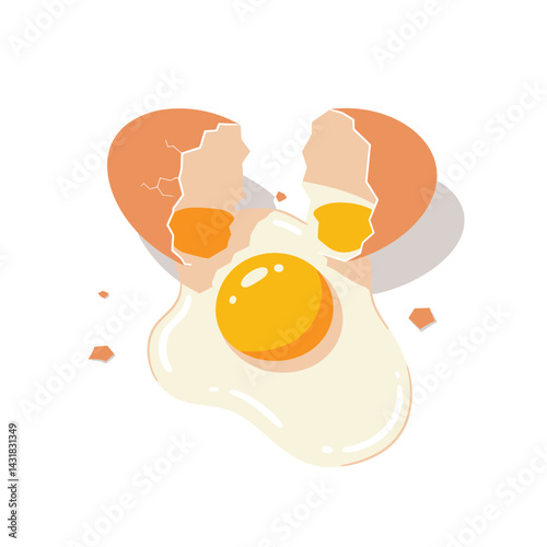Vector illustration of fresh chicken egg have crack with yolk and eggshell on white background. Baking and cooking Ingredients. Healthy organic food.