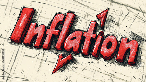 A minimalistic visual representation of economic growth pressures, featuring a bold red arrow pointing upward with the word "Inflation" increasing in size along its path. Generative AI