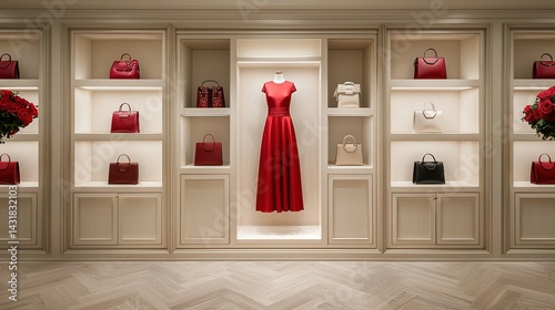 Elegant boutique interior featuring red dress and handbags luxury retail space chic design upscale environment interior view