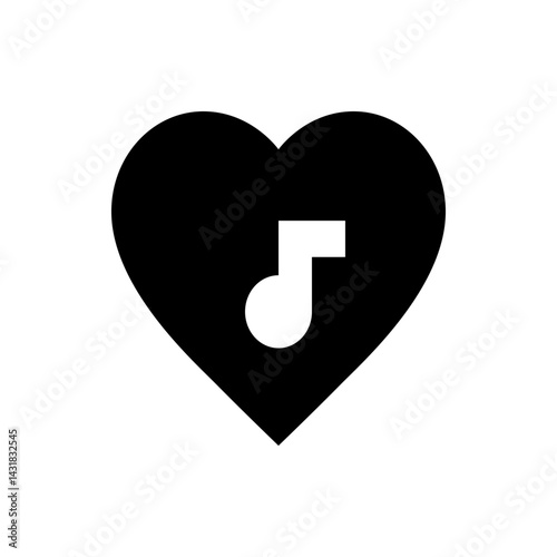 Black heart shape with a white music note inside representing love for music and entertainment content