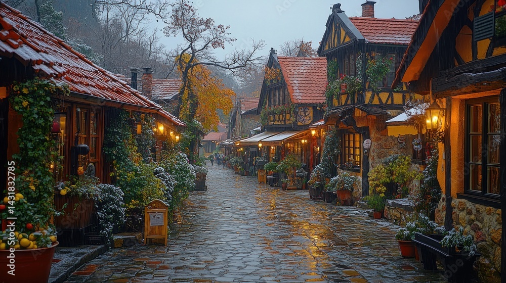 Obraz premium Enchanted Winter Village: A Picturesque Snowy Street in a Fairytale Town