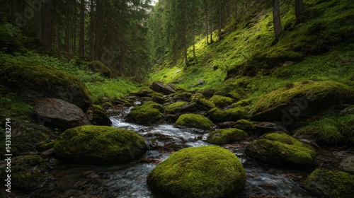 A peaceful alpine stream winding through mossy stones in a dense forest with crisp morning light and fresh air Generative AI