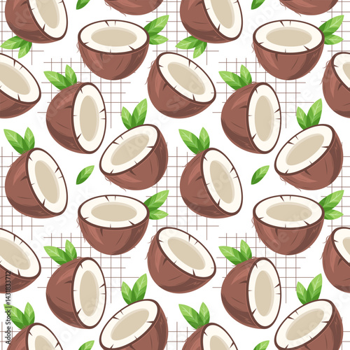 Seamless summer pattern with tropical coconut on a white background. Vector illustration. Perfect for wrapping paper, wallpaper, textiles and decor.