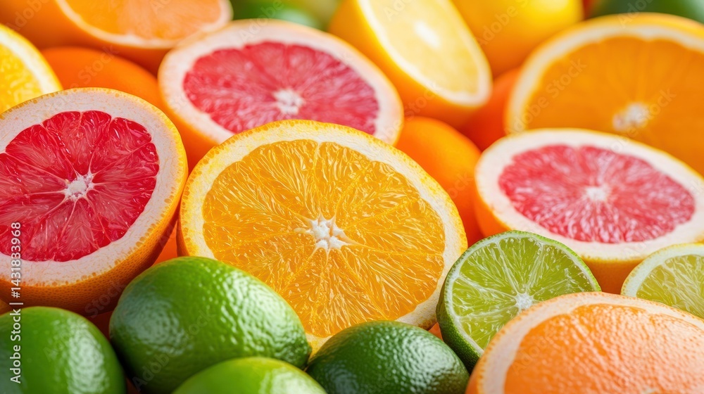 A vibrant assortment of sliced citrus fruits, showcasing their colorful textures and freshness.