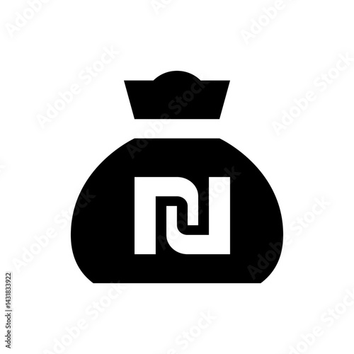Black money bag with white israeli new shekel symbol representing finance and currency concept