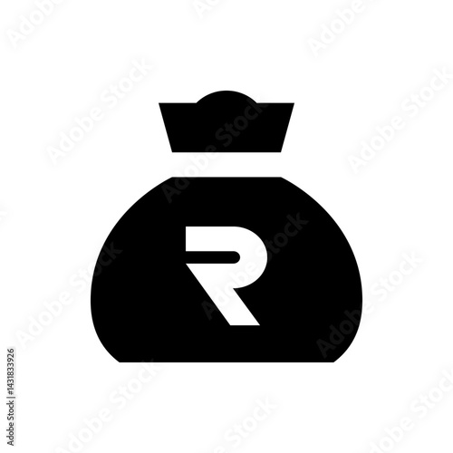 Black money bag with a white rupee symbol indicating wealth and financial transactions in india here