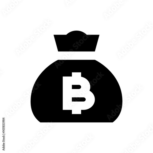 Illustration of a black money bag with a white thai baht currency symbol in the center design icon