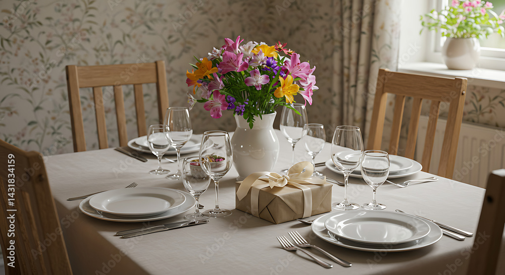 Dining table set with floral centerpiece, plates, and a gift box for Mother’s Day, in a cozy home interior. Stock photography style. Dining table set with floral centerpiece, plates, and a gift box for Mother’s Day, in a cozy home interior. Stock photography style.