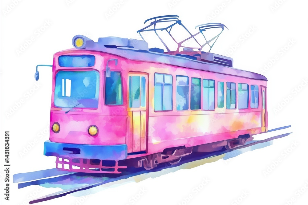 Fototapeta premium Watercolor tram in soft pastel colors isolated on white background, for children