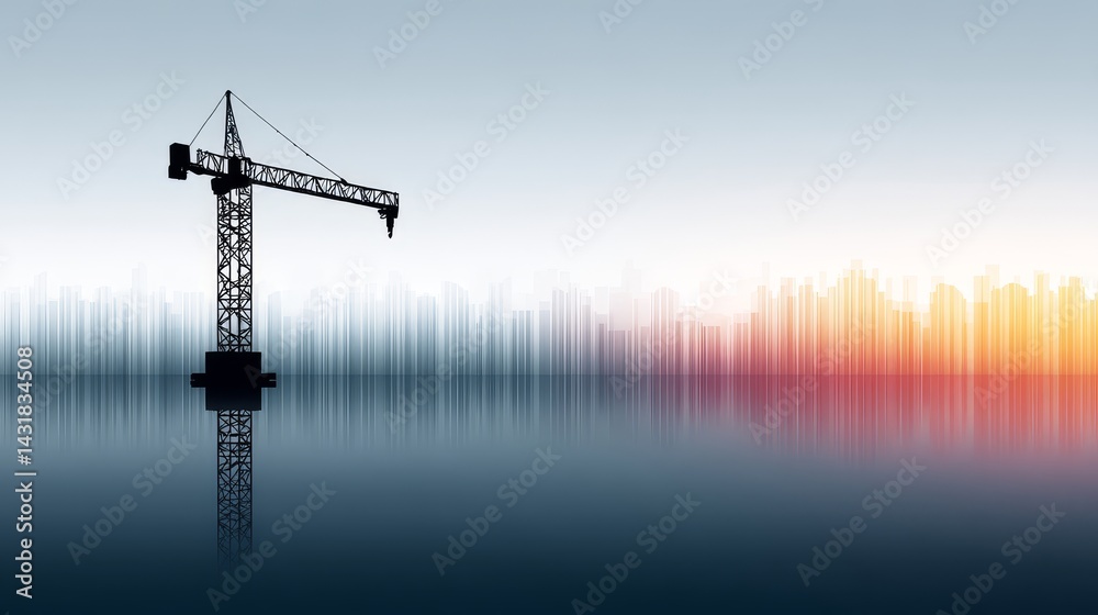 Fototapeta premium Construction Crane by the Water - A single construction crane stands tall by a body of water, reflecting in the still surface, with a cityscape in the background depicted as sound waves