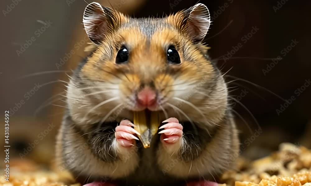 Adorable hamster nibbles a seed, showcasing fluffy cheeks and tiny paws