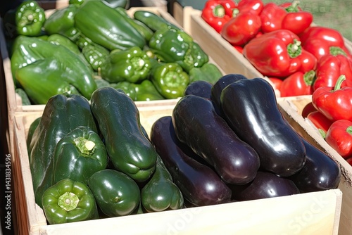 Fresh peppers and eggplants in wooden crates