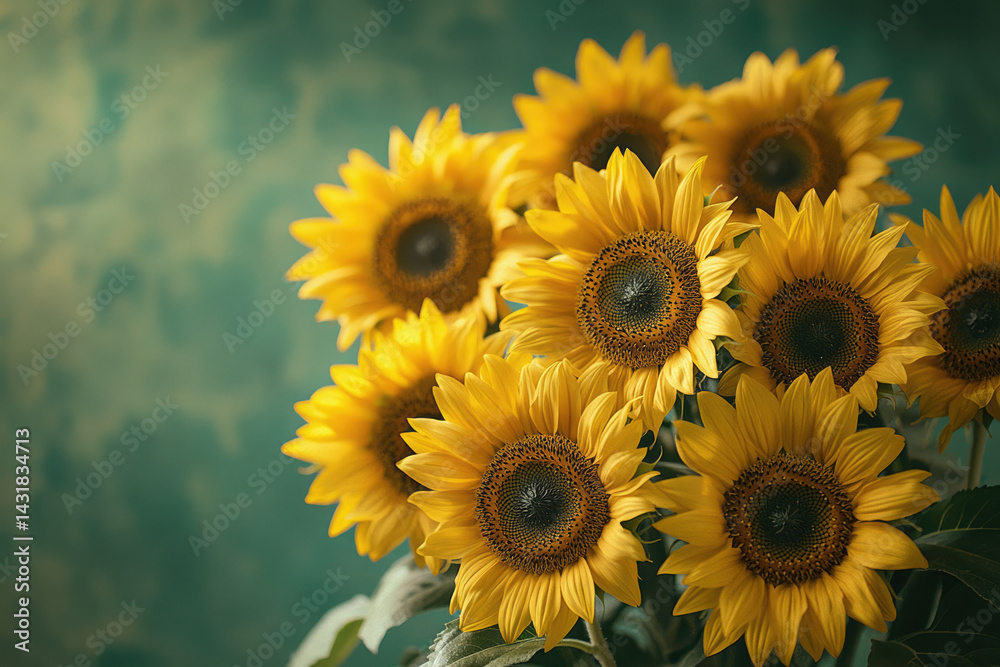 Fototapeta premium A bouquet of vibrant sunflowers against a teal backdrop, exuding summer's warmth and joy.