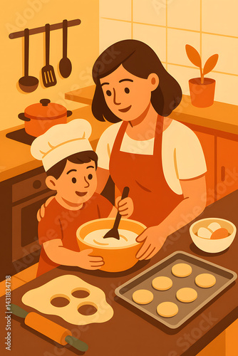 Mother and son baking cookies together in cozy kitchen