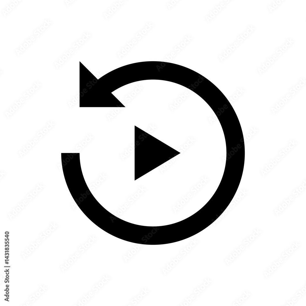 Circular arrow pointing left with a play symbol in the center indicating replay or restart video icon Circular arrow pointing left with a play symbol in the center indicating replay or restart video icon