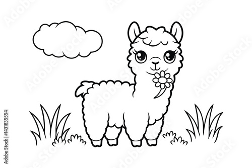Cute alpaca outline holding a flower in a field with cloud perfect for coloring pages