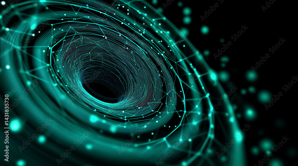 Obraz premium Glowing turquoise spiral made of digital particles swirling in a dark abstract space. 