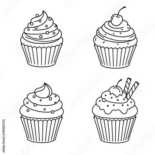 Different cartoon cupcakes set. Delicious muffins collection. Cupcake with chocolate, pink cream, cherry, strawberry 