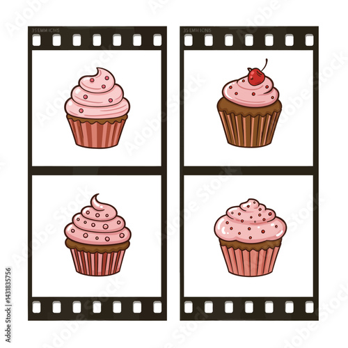 Different cartoon cupcakes set. Delicious muffins collection. Cupcake with chocolate, pink cream, cherry, strawberry 