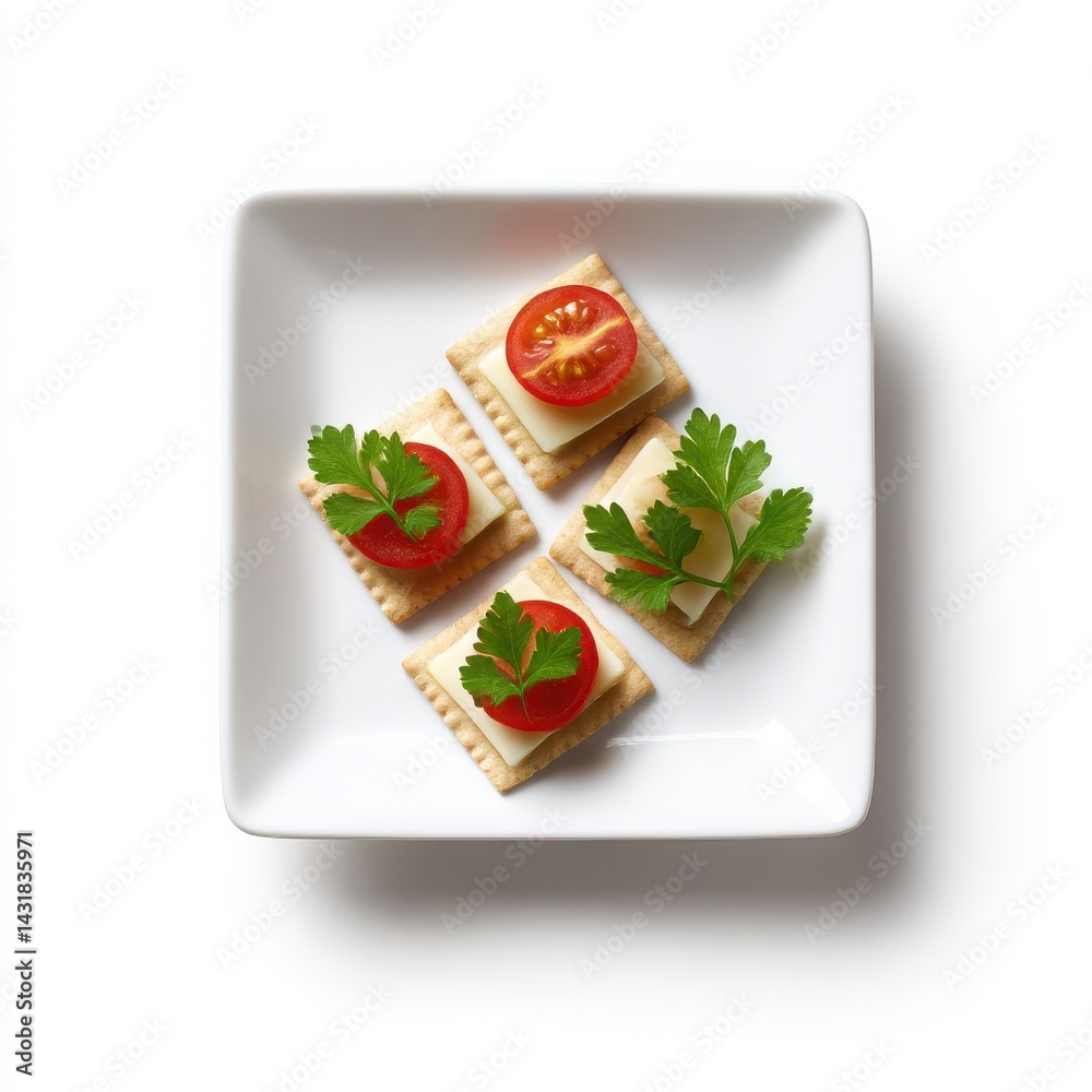 Crackers with cheese and tomato isolated on white background Crackers with cheese and tomato isolated on white background