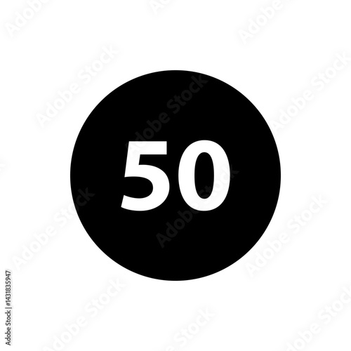 A black circle containing the white number fifty centered inside on a plain white background simple design