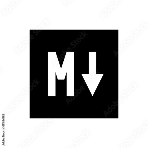 White letter m and a downward arrow on a black background creating a simple graphic design element