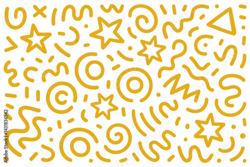 Seamless vector pattern of yellow hand-drawn doodles, stars, swirls, and geometric shapes on a clean white background. Vector illustration