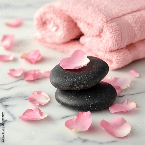 Spa stones with petals and towels in tranquil setting.