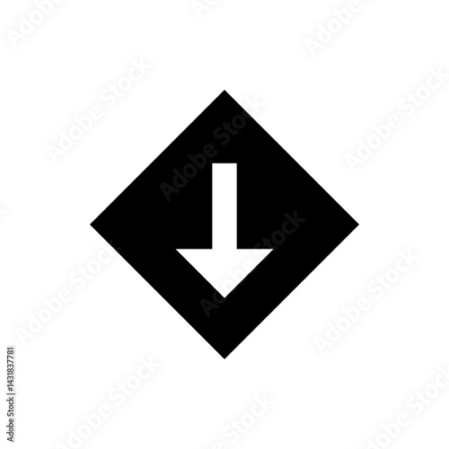 White downward arrow inside a black diamond shape pointing downwards indicating direction and navigation use