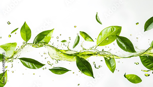 Splashes of green tea and fresh leaves in the air on white background