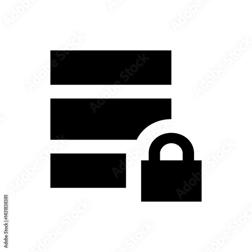 Black and white icon of a server rack with an unlocked padlock to the right side of the image plane
